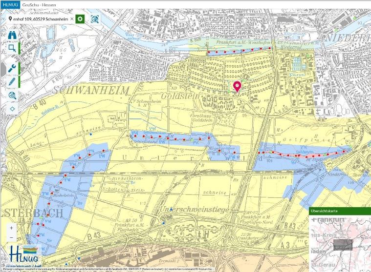 Abbildung 8: Übersicht Siedlung Goldstein mit Wasserschutzgebiet (gelb: Zone IIIA; blau: Zonen I und II) [Quelle: HLNUG]